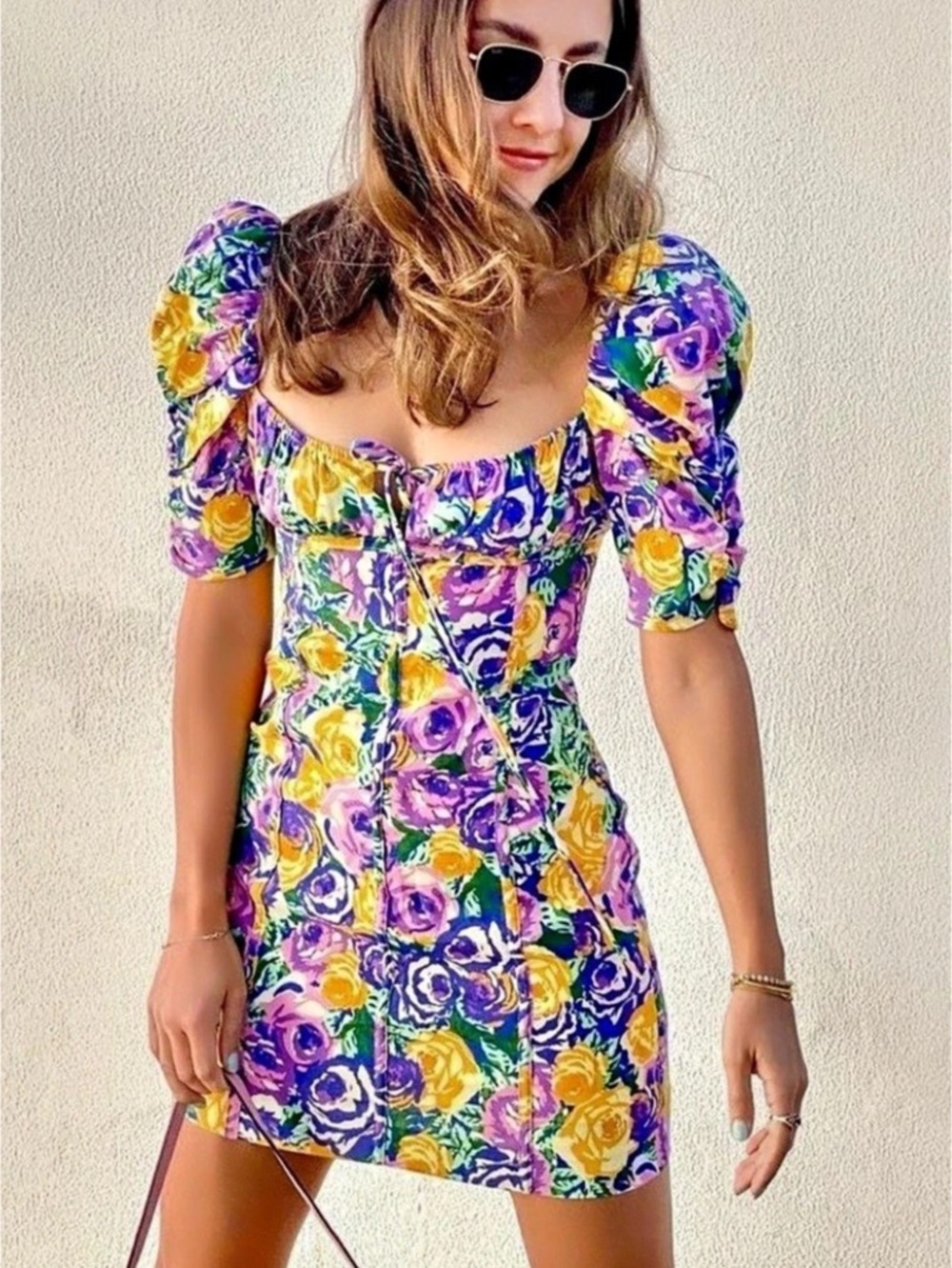 Zara Floral Puff Sleeve Lace Up Mini Dress Multicolor US 4